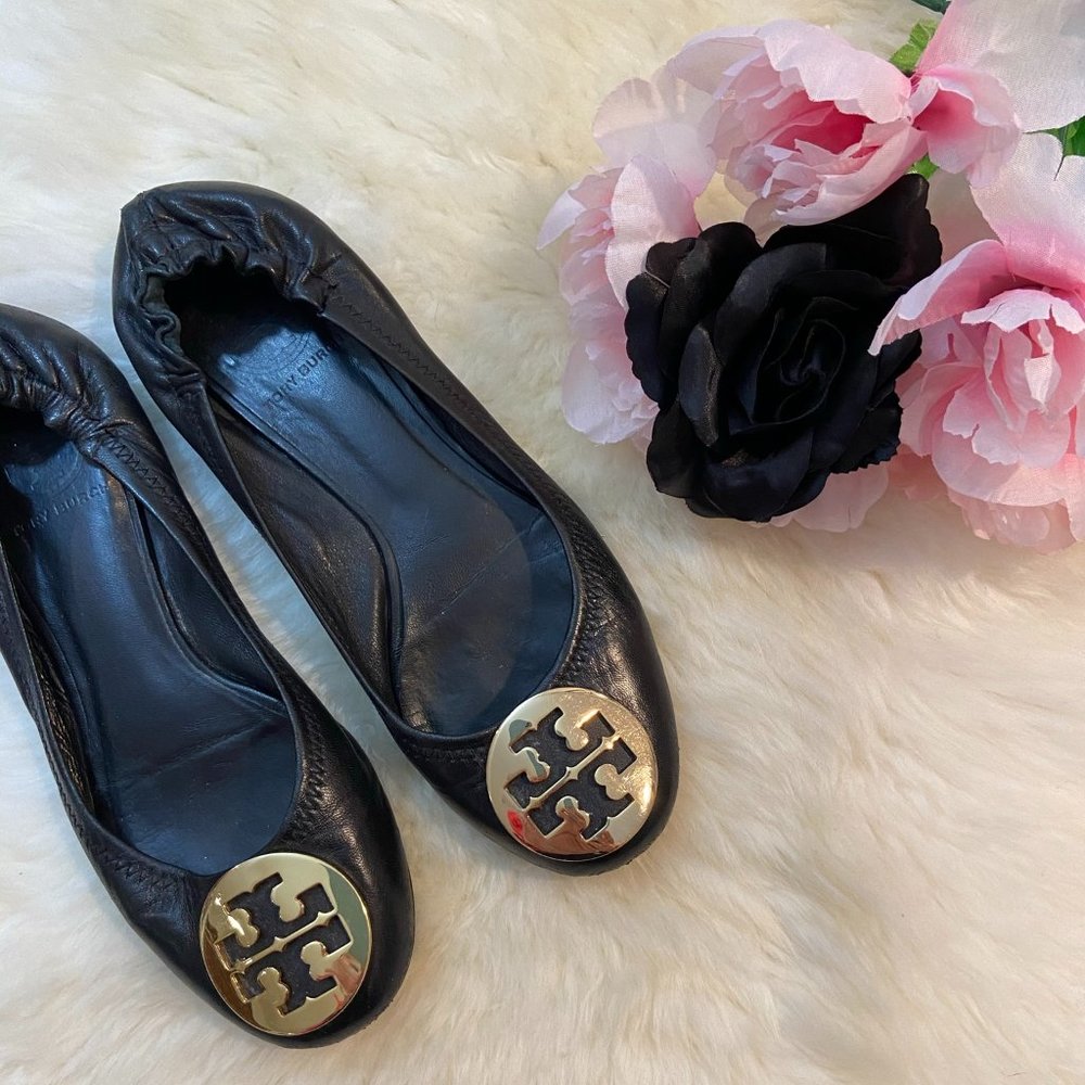 Tory Burch Black Gold Emblem Reva Ballet Flats